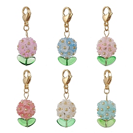 Hydrangea Acrylic & Glass Seed Beads Pendant Decorations, with Alloy Lobster Claw Clasps