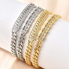 Браслеты из латунных прямоугольных звеньев с микропаве из прозрачного кубического циркония, браслеты из цепочек панцирного плетения для женщин, стойки покрытие, долговечный, без свинца и без кадмия