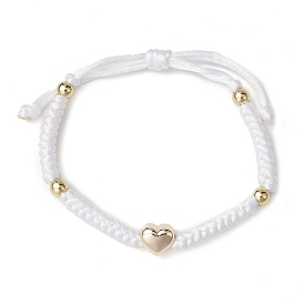 Adjustable Brass Heart & Nylon Braided Bead Bracelets for Women Men, White