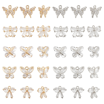 20Pcs 5 Style Brass Inlaid Clear Cubic Zirconia Charms, Long-Lasting Plated, Butterfly & Bowknot