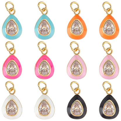 12Pcs 6 Style Brass Micro Pave Cubic Zirconia Enamel Pendants, with Jump Ring, 
Long-Lasting Plated, Teardrop