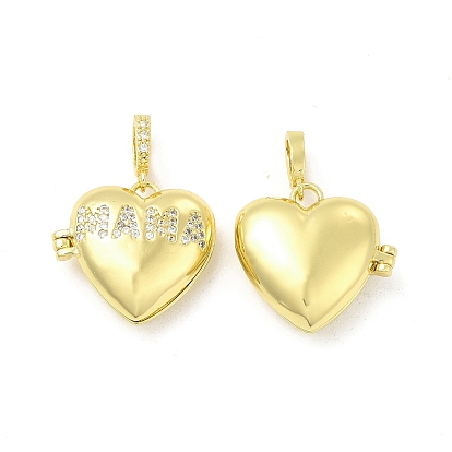 Brass Micro Pave Clear Cubic Zirconia Locket Pendants, Heart with Word MAMA Charms