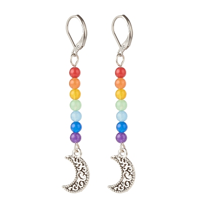 Natural Malaysia Jade with Alloy Moon Long Dangle Leverback Earrings, 7 Chakra Gemstone Jewelry for Women