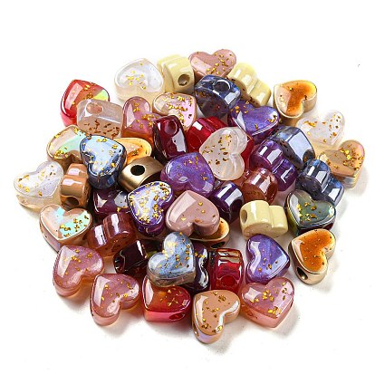 Opaque Acrylic European Beads, with Gold Foil, Large Hole Beads, Heart