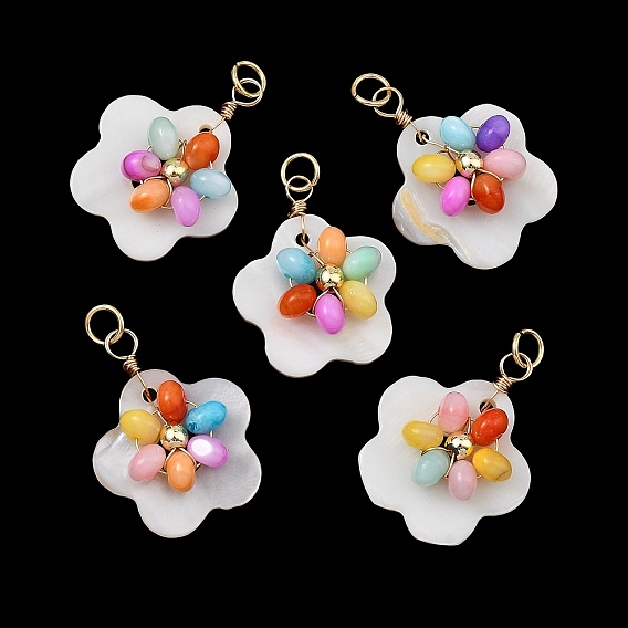 Dyed Natural Freshwater Shell Copper Wire Wrapped Pendants, Flower Charms with 304 Stainless Steel Jump Rings, Golden