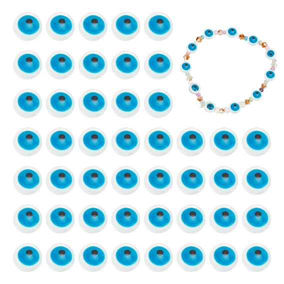 Natural Freshwater Shell Beads, Enamelled Sequins, Flat Round with Evil Eye