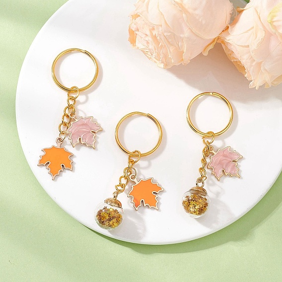 3 шт. 3 стили сплав эмалированный лист и стеклянный шар подвеска брелки, с железными разрезными брелоками, золотые