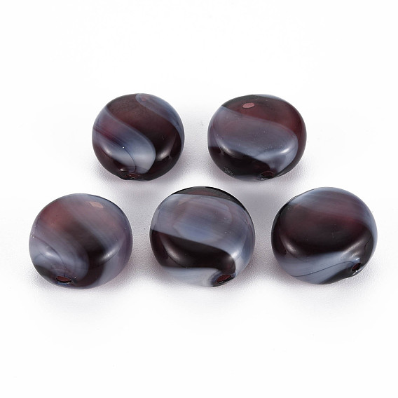Transparent Handmade Blown Glass Globe Beads, Stripe Pattern, Flat Round