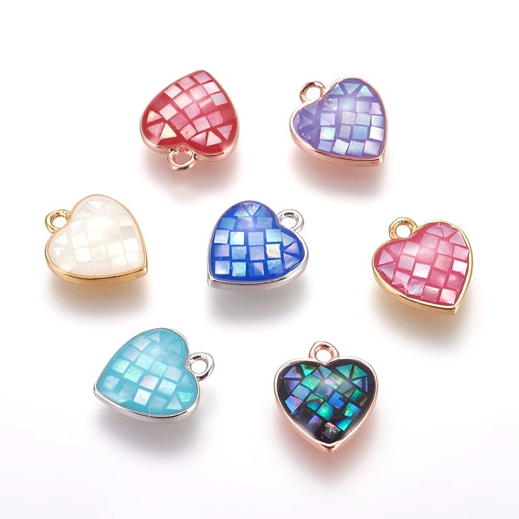 Brass Enamel Charms, with Freshwater Shell, Heart
