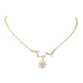 Flower & Branch Micro Pave Clear Cubic Zirconia Pendant Necklaces, Brass Cable Chain Necklaces for Women