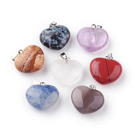 Natural Gemstone Pendants, with Platinum Tone Alloy Findings, Heart