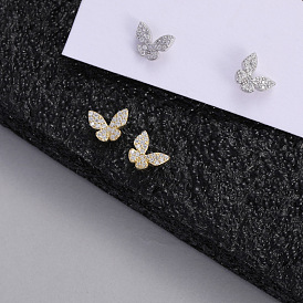 925 Silver Butterfly Stud Earrings - Shiny, Exquisite, Elegant, Full Diamond, Feminine.