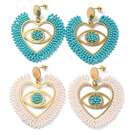Heart with Eye Woven Glass & Brass Beaded Dangle Stud Earrings, with Vacuum Plating 304 Stainless Steel Pins