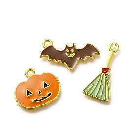 Halloween Theme Alloy Enamel Pendants, Pumpkin/Bat/Broom Charm, Golden