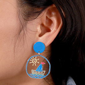 Stylish Ocean-themed Acrylic Earrings with Sailboat Design - W713 LIMEI Jewelry