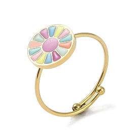 Flat Round with Flower 304 Stainless Steel Enamel Ring, 316 Surgical Stainless Steel Open Cuff Ring for Women