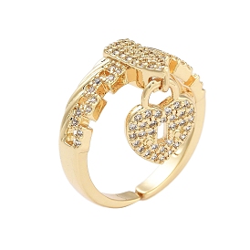 Rack Plating Heart Padlock Brass Micro Pave Cubic Zirconia Open Cuff Rings for Women, Cadmium Free & Lead Free, Long-Lasting Plated