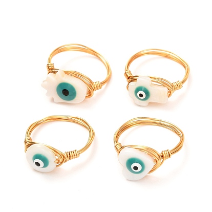 Evil Eye Natural Shell Finger Rings for Girl Women, Golden Brass Rings, Mixed Shape