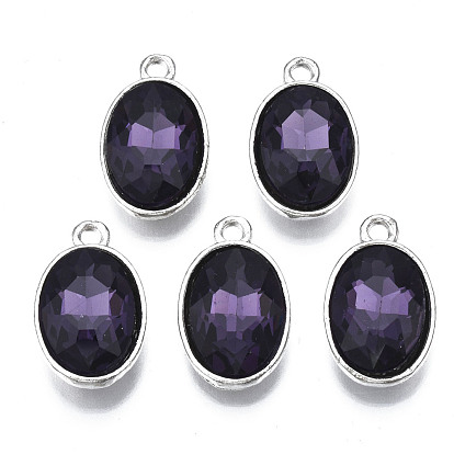 Alloy Glass Pendants, Faceted, Oval, Platinum, Cadmium Free & Lead Free