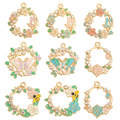18шт 9 стили подвески из эмалированного сплава с покрытием, со стразами, золотые, венок очарование
