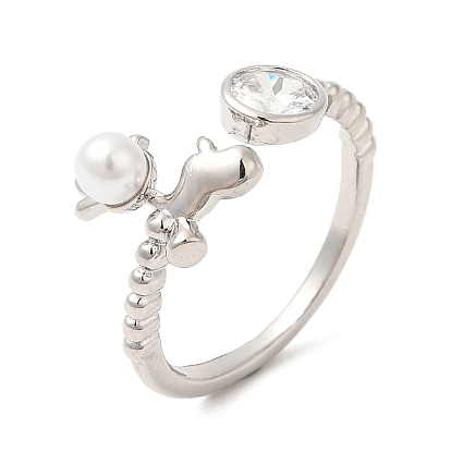 Plastic Pearl Christmas Deer Open Cuff Ring with Cubic Zirconia, Rack Plating Brass Ring, Cadmium Free & Lead Free