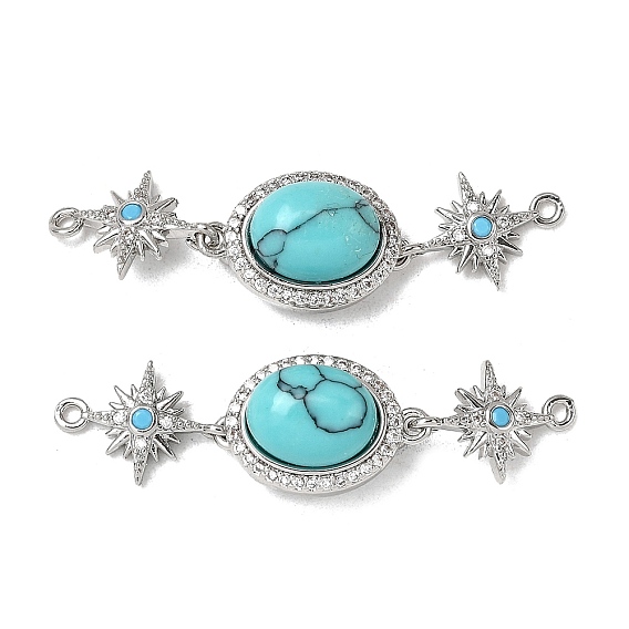Латунные застежки из прозрачного кубического циркония с микропаве, с синтетическими бирюзовый, овальные со звездой