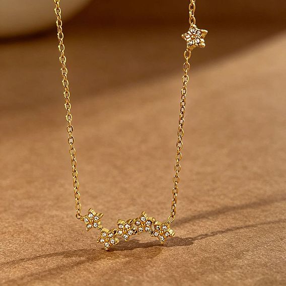 304 Stainless Steel Pave Cubic Zirconia Multiple Star Pendat Necklaces for Women, Golden