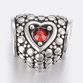 304 Stainless Steel European Rhinestone Beads, Large Hole Beads, Heart, Ruby