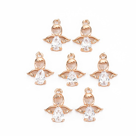 Rack Plating Brass Micro Pave Clear Cubic Zirconia Charms, Long-Lasting Plated, Cadmium Free & Lead Free, Angel