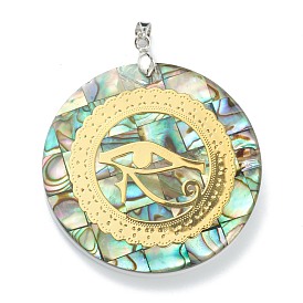 Natural Abalone Shell/Paua Shell Pendants, Mosaic Pattern, with Platinum Plated Brass Findings and Gold Foil, Flat Round with Eye of Horus