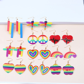 Rainbow strip heart earring earrings simple fashion acrylic printing personality earrings earrings for women