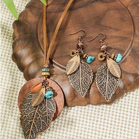 Комплекты из ожерелий и серег с подвесками из сплава листьев и дерева в богемном стиле