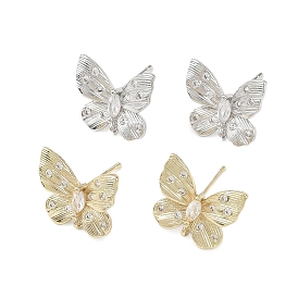 Фурнитура для сережек-гвоздиков с бабочками из латуни с микропаве из прозрачных кубических цирконий, без свинца, без кадмии и без никеля, с петлей