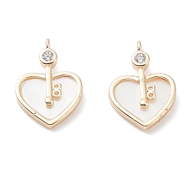 Rack Plating Brass Shell Pendants, with Cubic Zirconia, Long-Lasting Plated, Heart Charms