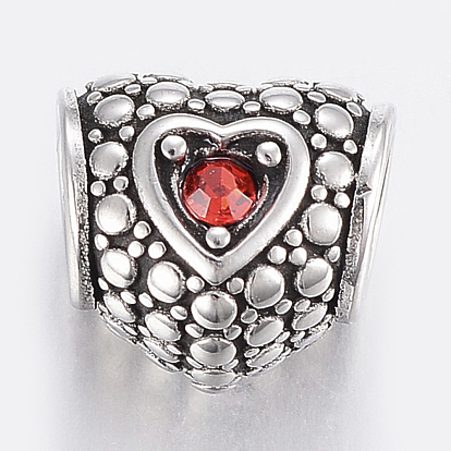 304 Stainless Steel European Rhinestone Beads, Large Hole Beads, Heart, Ruby