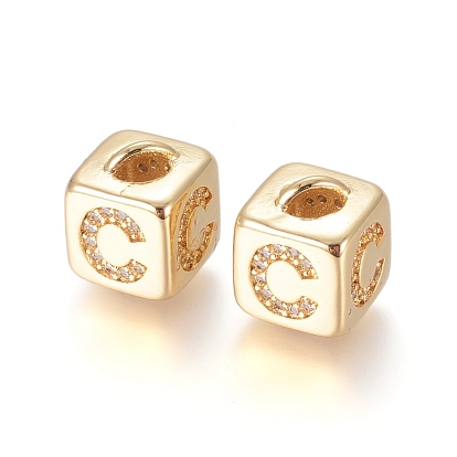 Brass Micro Pave Cubic Zirconia Beads, Cadmium Free & Lead Free, Long-Lasting Plated, Cube with Letter