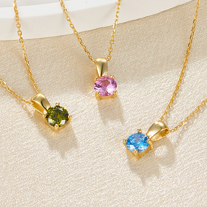925 Sterling Silver Pave Cubic Zirconia Geometric Flat Round Pendant Necklaces, Golden