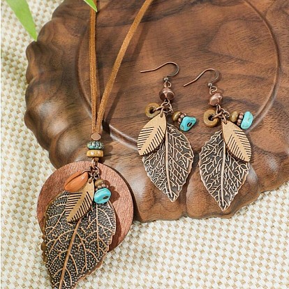 Комплекты из ожерелий и серег с подвесками из сплава листьев и дерева в богемном стиле