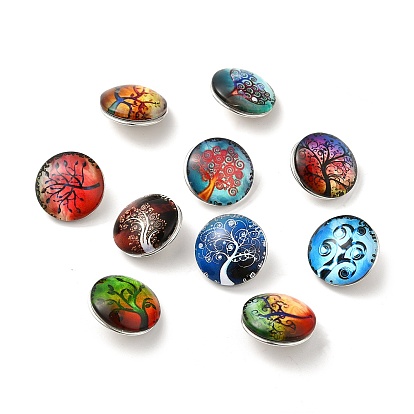 Brass Glass Cabochons Buttons, Jewelry Snap Buttons, Flat Round with Tree Pattern, 18x10mm, Knob: 5~5.5mm