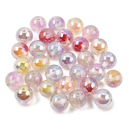 Plating Transparent Resin Beads, Round with Heart, with Glitter Powder