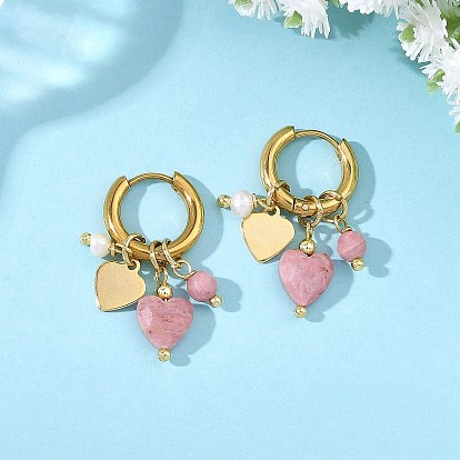 Natural Pink Petrified Rhodonite Heart Dangle Earring for Women, 202 Stainless Steel Huggie Hoop Earrings