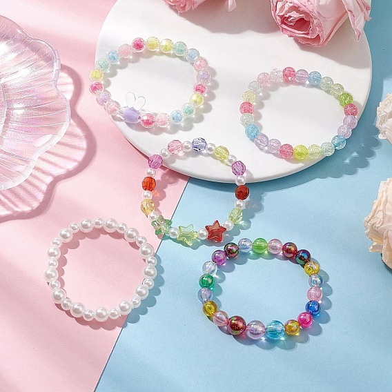 5Pcs Kids Round Acrylic Beaded Stretch Bracelet & ABS Plastic Imitation Pearl Round Beads Stretch Bracelet Sets