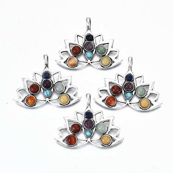 Natural Mixed Gemstone Pendants, with Antique Silver Brass Findings, Dyed, Mixed Dyed and Undyed, Lotus Flower