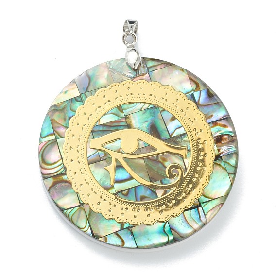Natural Abalone Shell/Paua Shell Pendants, Mosaic Pattern, with Platinum Plated Brass Findings and Gold Foil, Flat Round with Eye of Horus