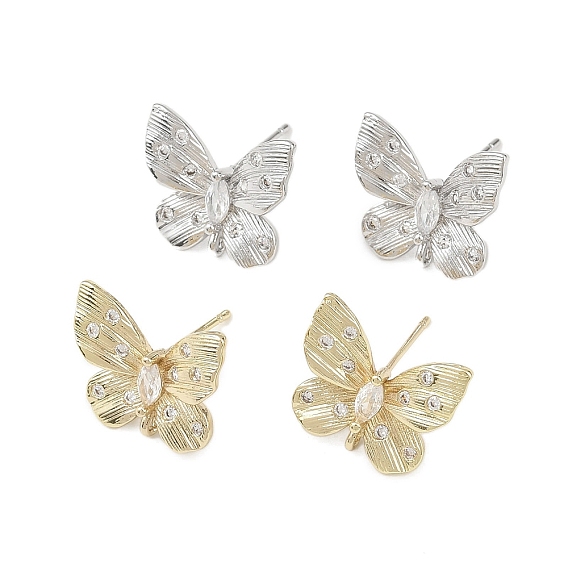 Фурнитура для сережек-гвоздиков с бабочками из латуни с микропаве из прозрачных кубических цирконий, без свинца, без кадмии и без никеля, с петлей