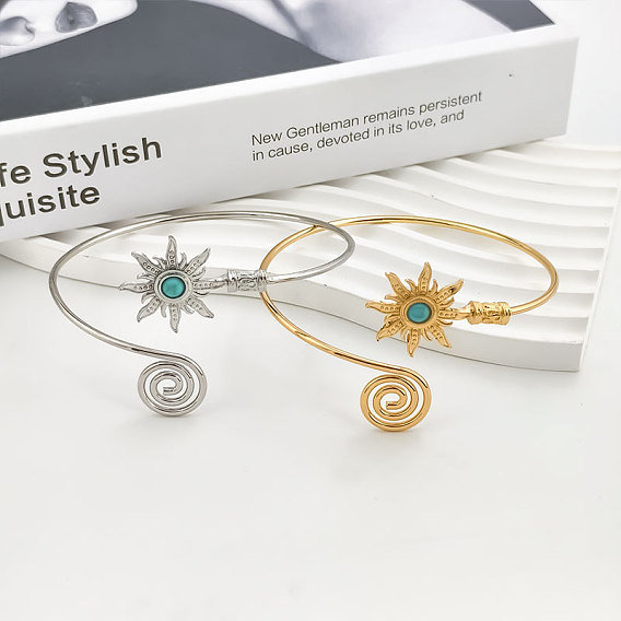 Регулируемые браслеты-манжеты из сплава синтетической бирюзы/мукаита, солнце