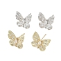 Фурнитура для сережек-гвоздиков с бабочками из латуни с микропаве из прозрачных кубических цирконий, без свинца, без кадмии и без никеля, с петлей