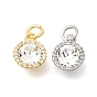 Подвески из латуни с микропаве, прозрачными кубическими циркониями и стеклом., плоский круглый шарм, с целью перехода в кольце, граненые