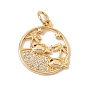 Brass Micro Pave Black Cubic Zirconia Pendants, Round with Fish & Tree Charms, Cadmium Free & Lead Free & Nickel Free