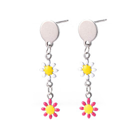 Longues boucles d'oreilles pendantes en émail fleuri, plaqué de couleur en acier inoxydable 304 bijoux en acier inoxydable pour femmes